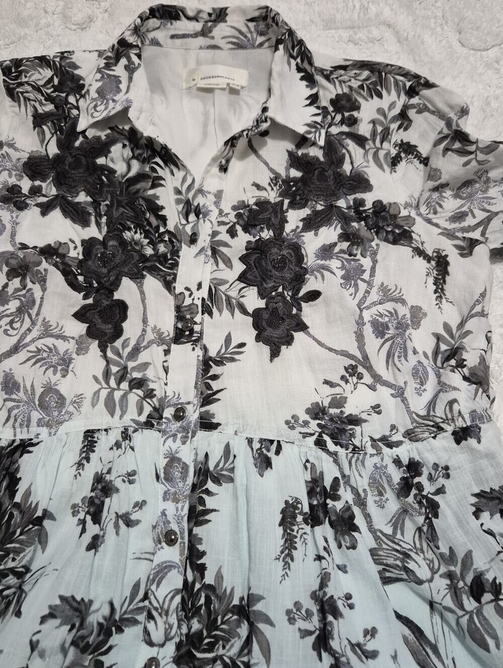 Anthropologie Pale Blue and White Black Floral Embroidery Tiered Shirt Dress-0 - Picture 13 of 13